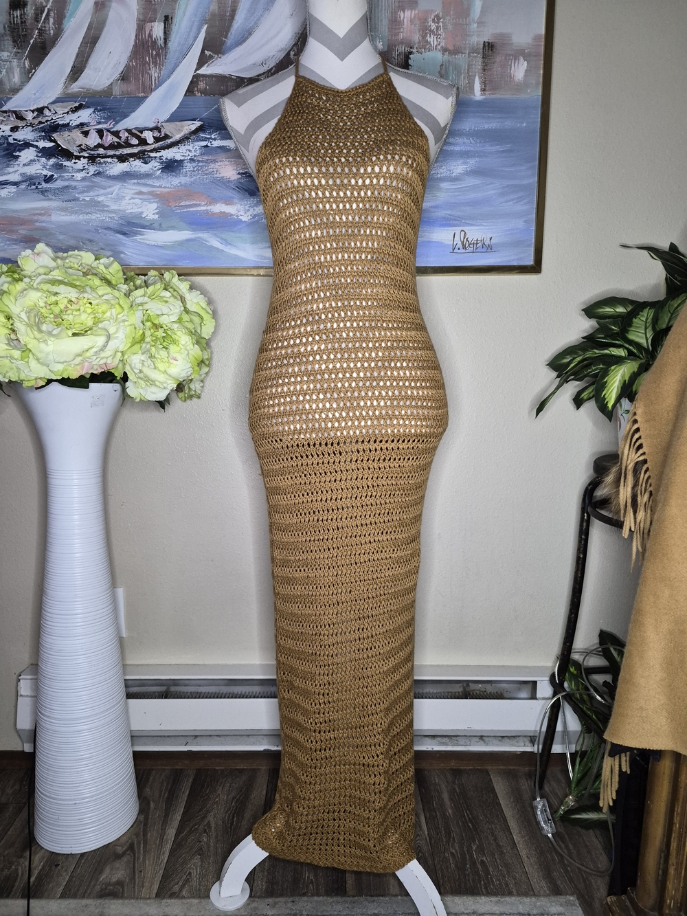 Women’s Crochet Halter Maxi Dress in Tan